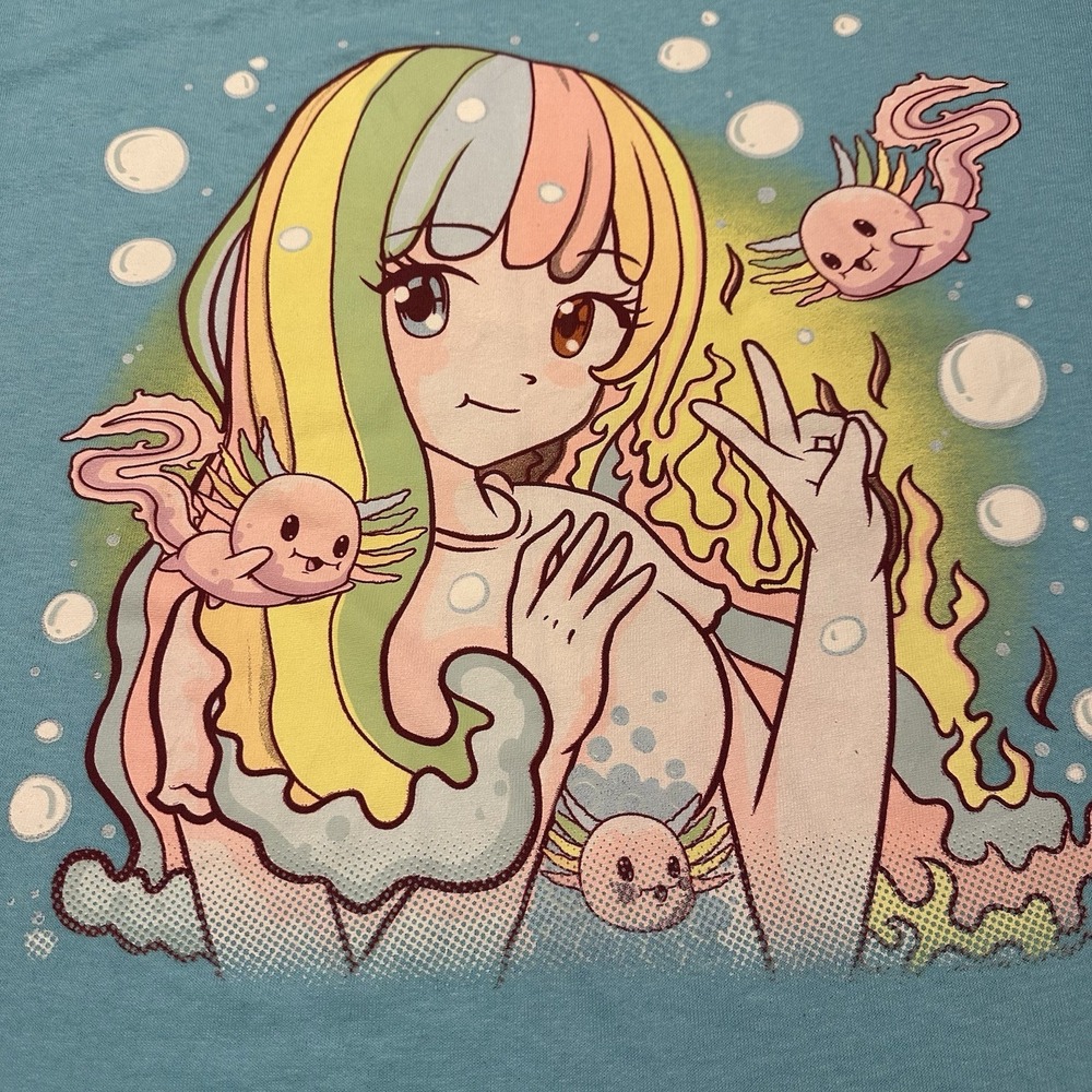 Axolotl Rainbow Anime Portrait Boyfriend‎ Fit Girls T-Shirt Size 2XL